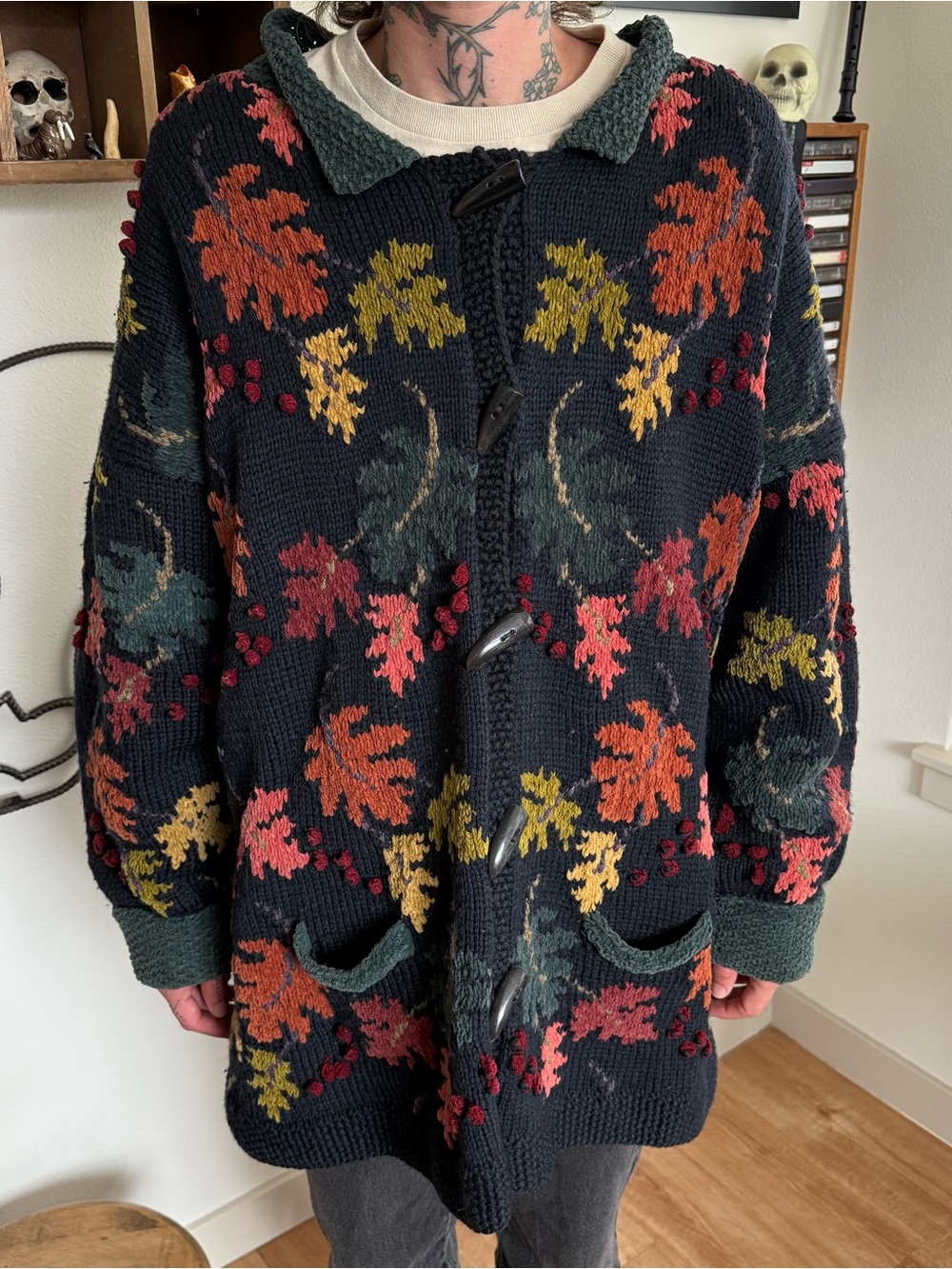 Vintage 80s 90s Sasha Kagan Autumn Leaves Wool Chunky Knit Cardigan Sweater ~ XL